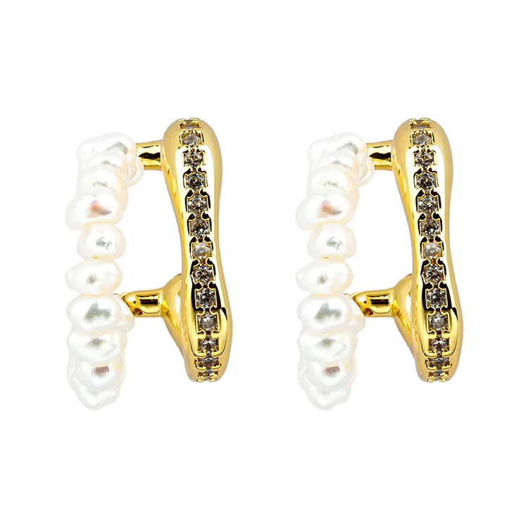 custom made 18K gold plated hoop earrings, brass jewelry with pearl and CZ stone, available for logo engraving and mold-making