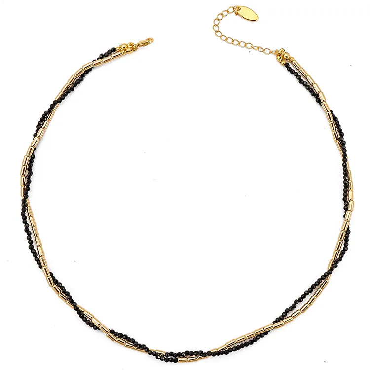 18K Gold Plated Tube and Black Crystal Beads Double-Layered Necklace Manufacturing