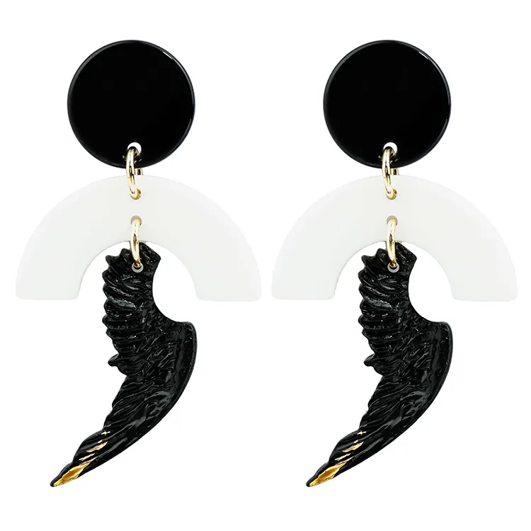 Brass Resin Black & White Wing Drop Earrings Direct Factory for Busainesses