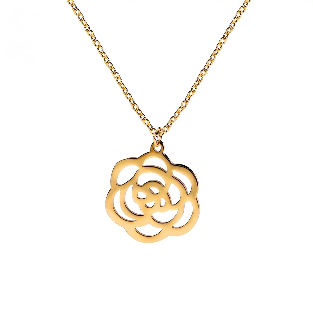 Precision-cut 18K gold rose pendant featuring high-grade PVD vacuum plating. This 316L stainless steel necklace is waterproof, hypoallergenic.