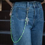 Female model wearing zinc alloy Natural Stone Skull Bead Cross Figure Charm Pants Chain for Volume Buyers