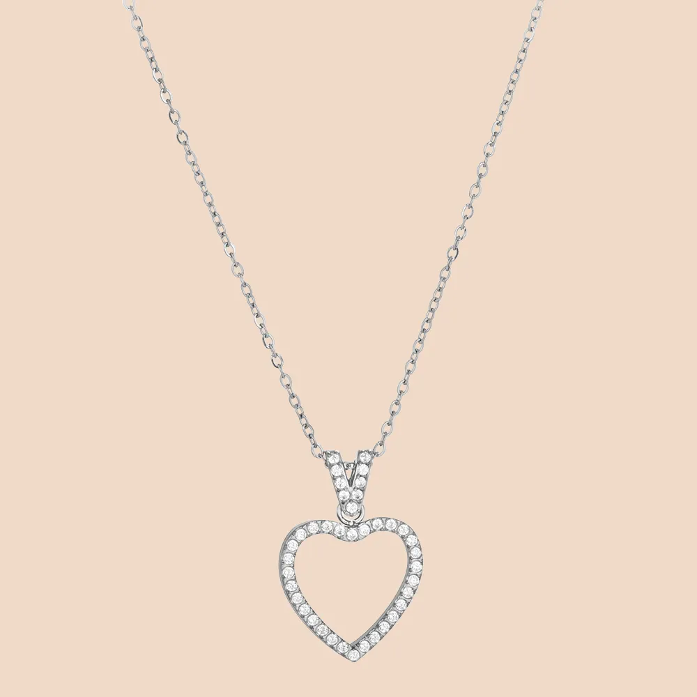 OEM ODM 316L stainless steel silver cubic zircon open heart necklace for factory