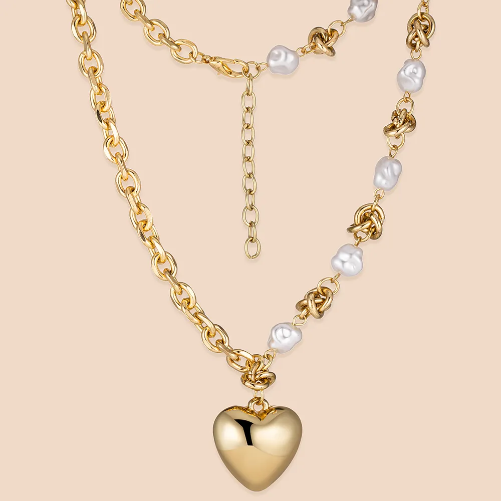 Bespoke Stainless Steel Imitation Pearl Double-chain Adjustable Heart Charm Necklace Vendors
