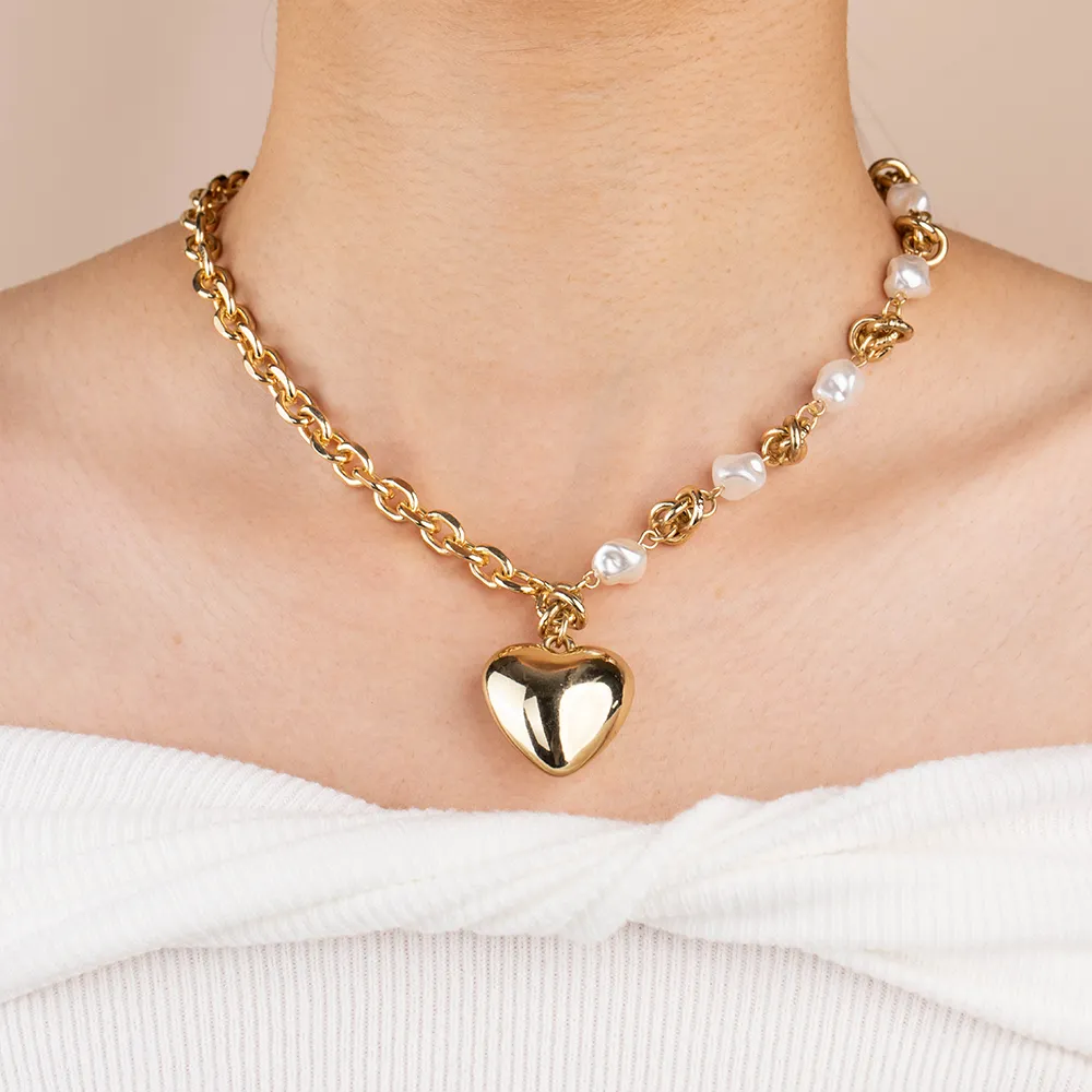 Custom Stainless Steel Imitation Pearl Double-chain Adjustable Heart Charm Necklace for Women Manufacturing