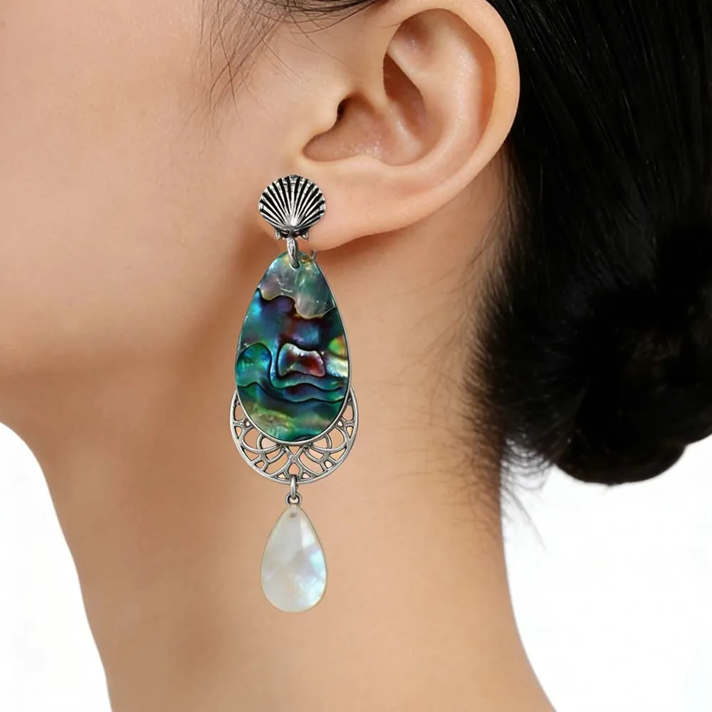 Female Model Wearing Abalone Shell Statement Earrings with White Mother of Pearl for Major Retailers