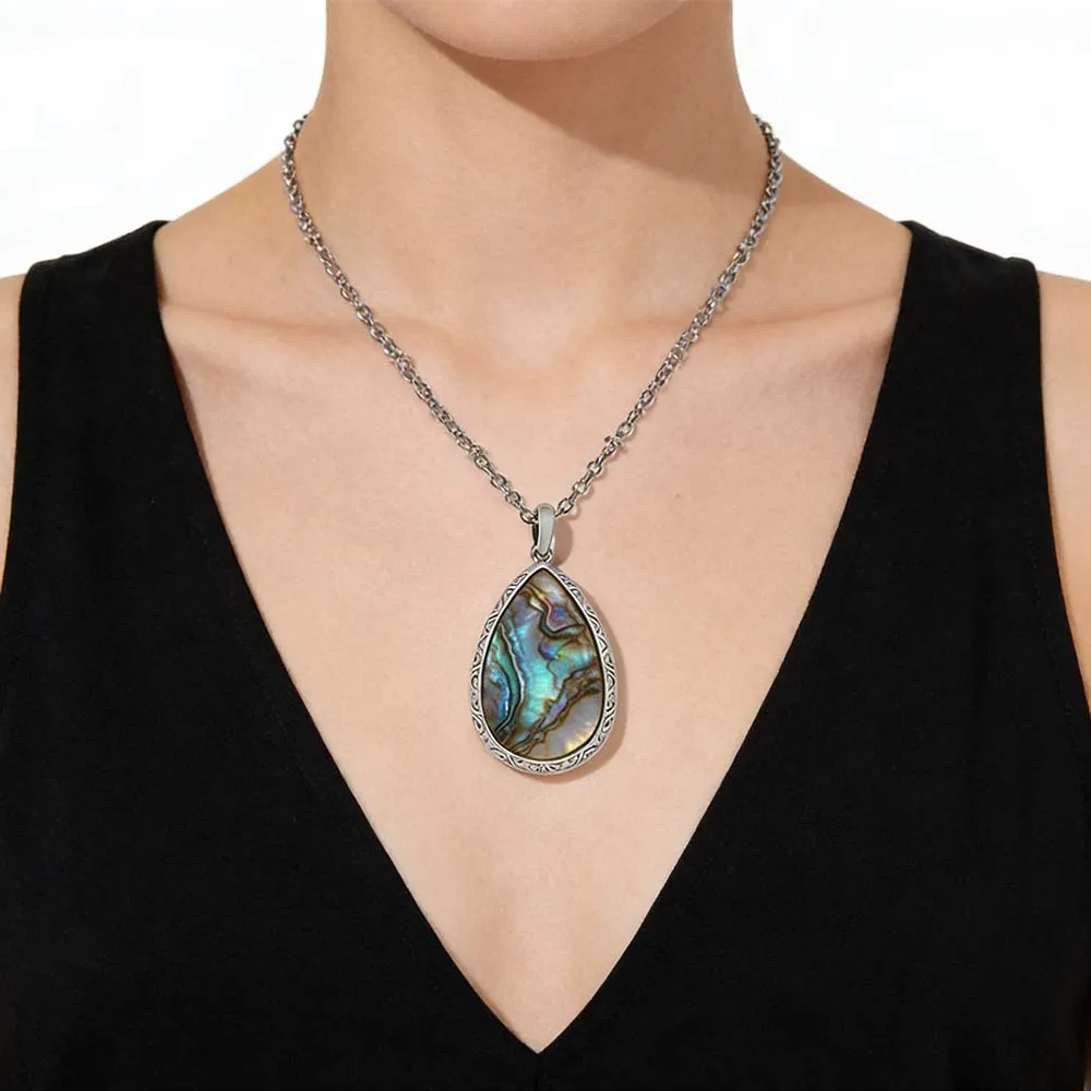 Female Model Wearing Single-Stone Abalone Shell Pendant with White Mother of Pearl for Bulk Jewelry Supply