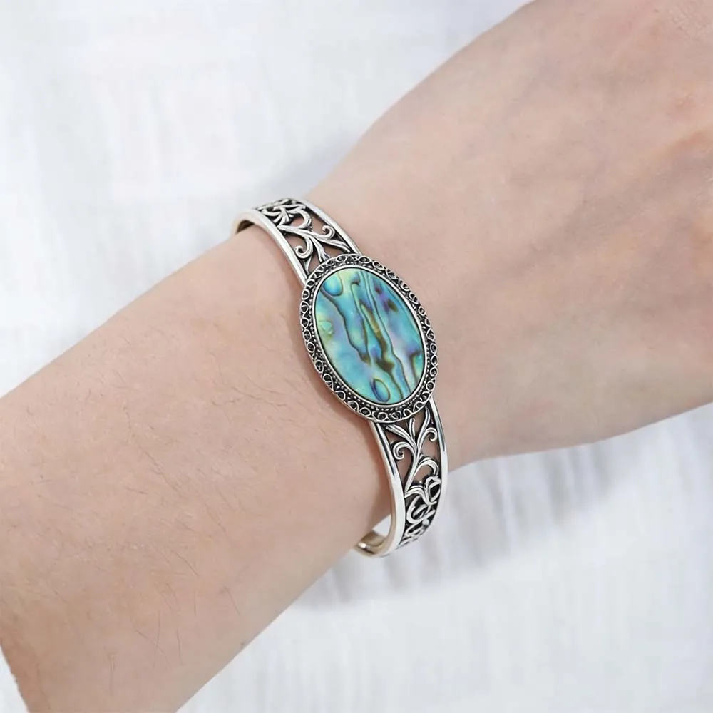 Female Model Wearing Vintage Carved Abalone Shell Rigid Cuff Bracelet for Jewelry ODM Partner