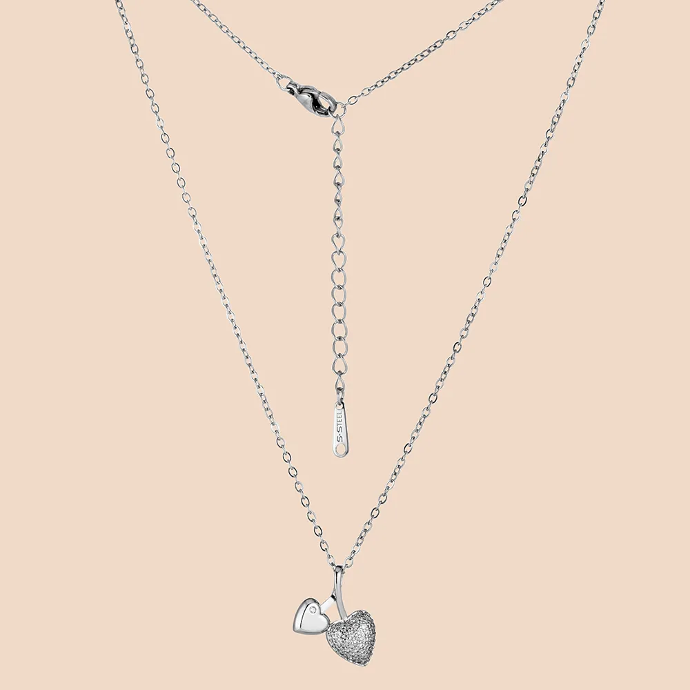 ODM 316L Stainless Steel Double Heart Necklace with Cubic Zircon for Manufacturing