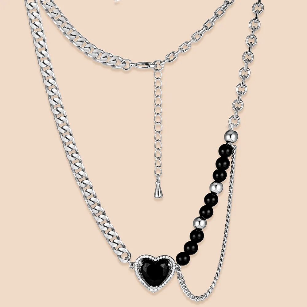 ODM Stainless Steel Asymmetrical Chain Cubic Zircon Heart Inside a Black Crystal Heart Pendant Necklace for Direct Factory