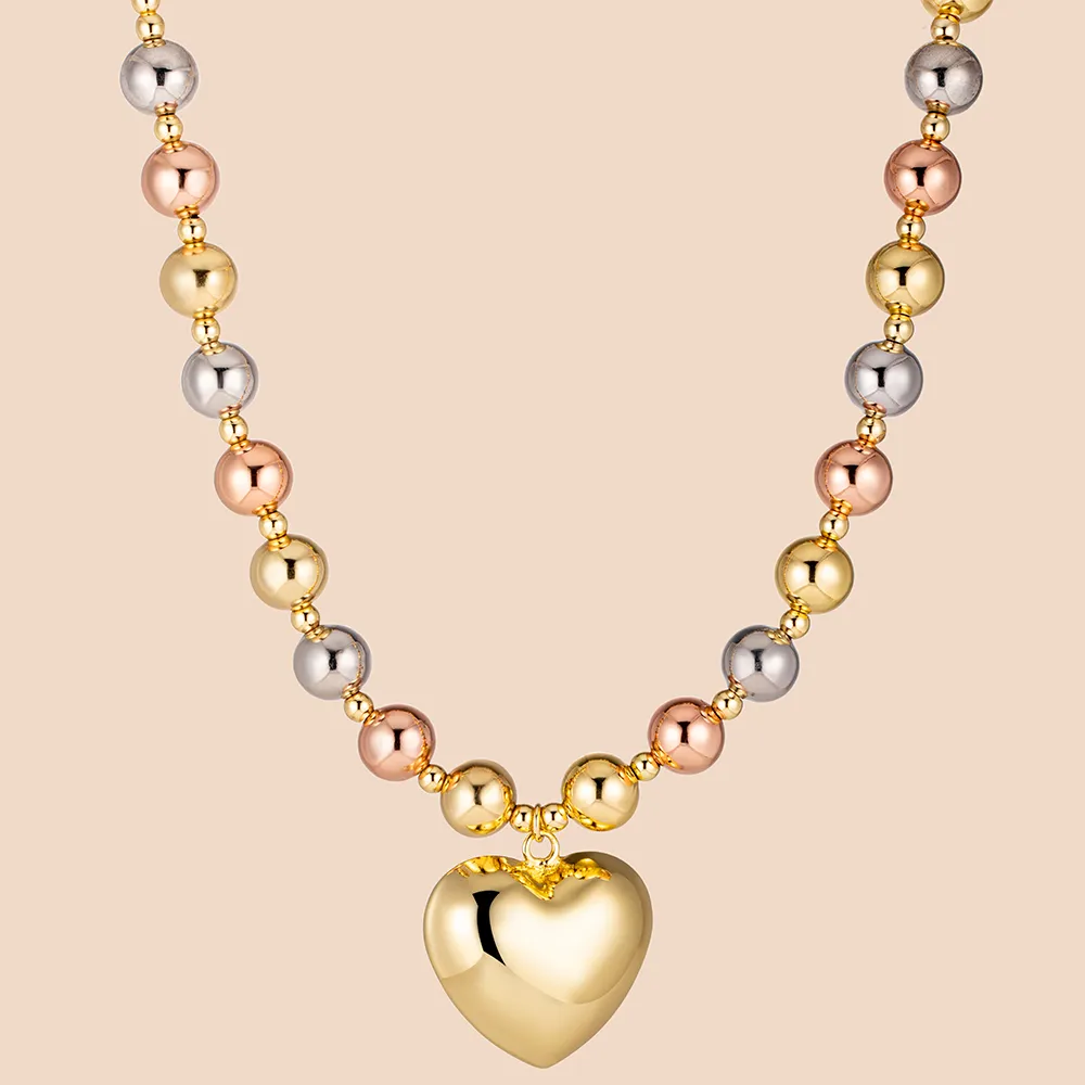 ODM Stainless Steel Rose Gold Silver Gold Bead Chain Puffy Heart Charm Necklace Manufacturer