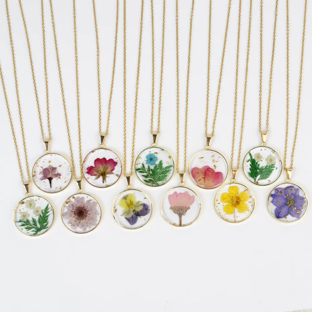 ODM resin stainless steel pressed flower necklace for major retailers