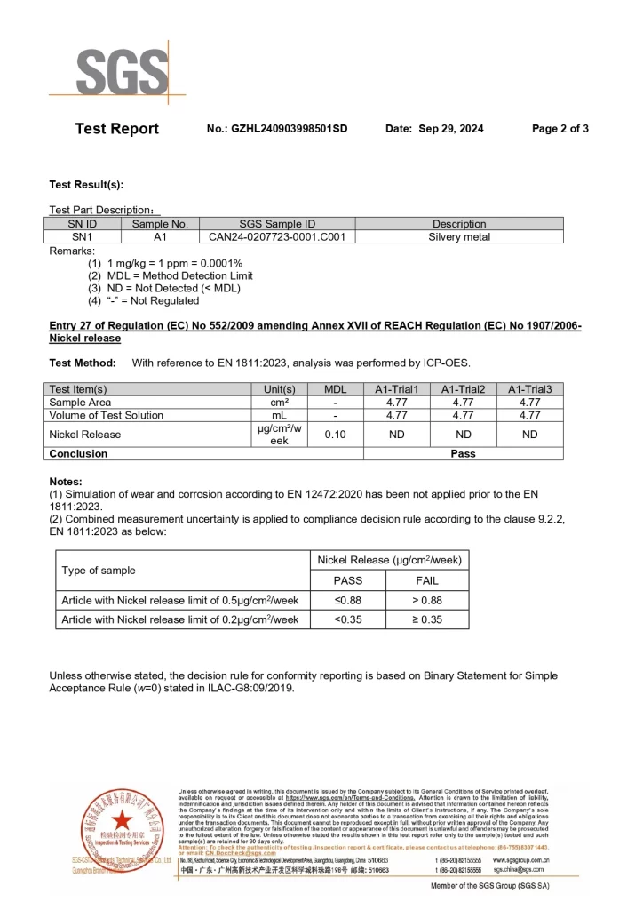 SGS 316L Nickel Release Test Report1