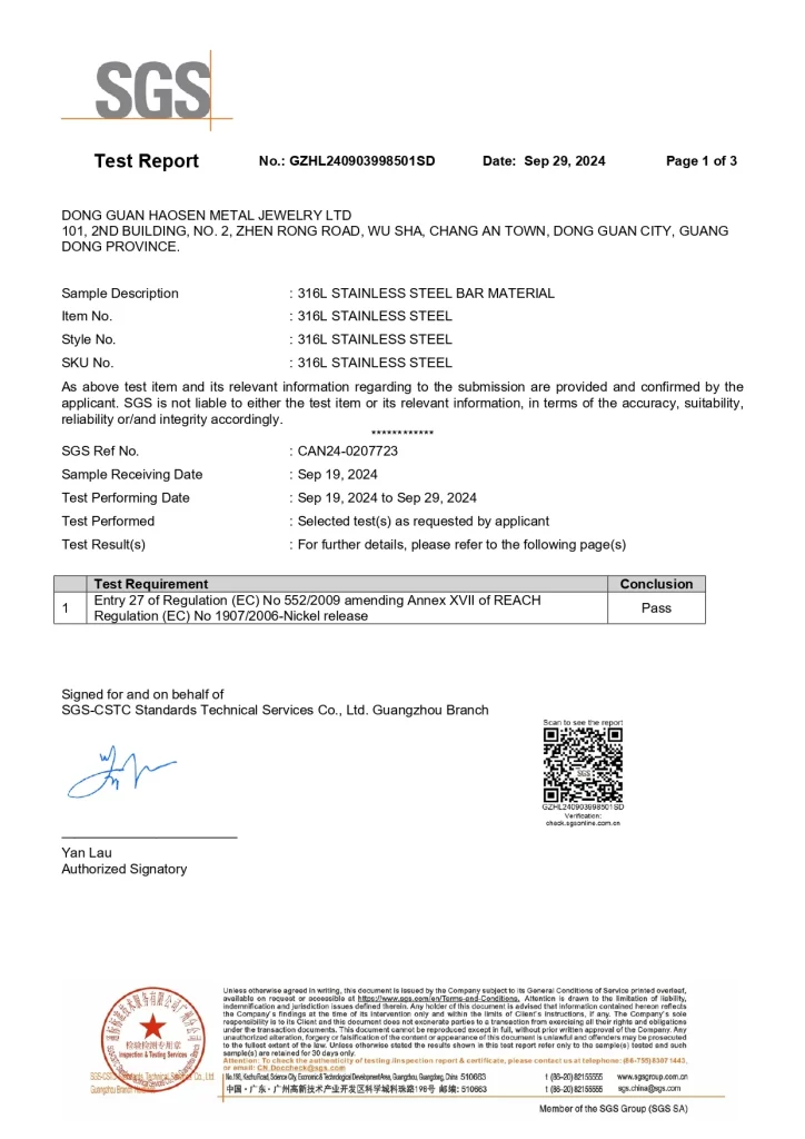 SGS 316L Nickel Release Test Report2