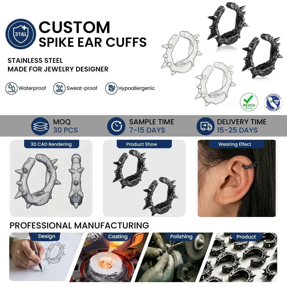 Custom Spike Thorn Ear Cuffs, 316L Hypoallergenic Stainless Steel Non Piercing Gothic Ear Wrap Cuff Earrings, Waterproof Sweatproof Custom Designer Jewelry for Independent Creators, REACH Certified