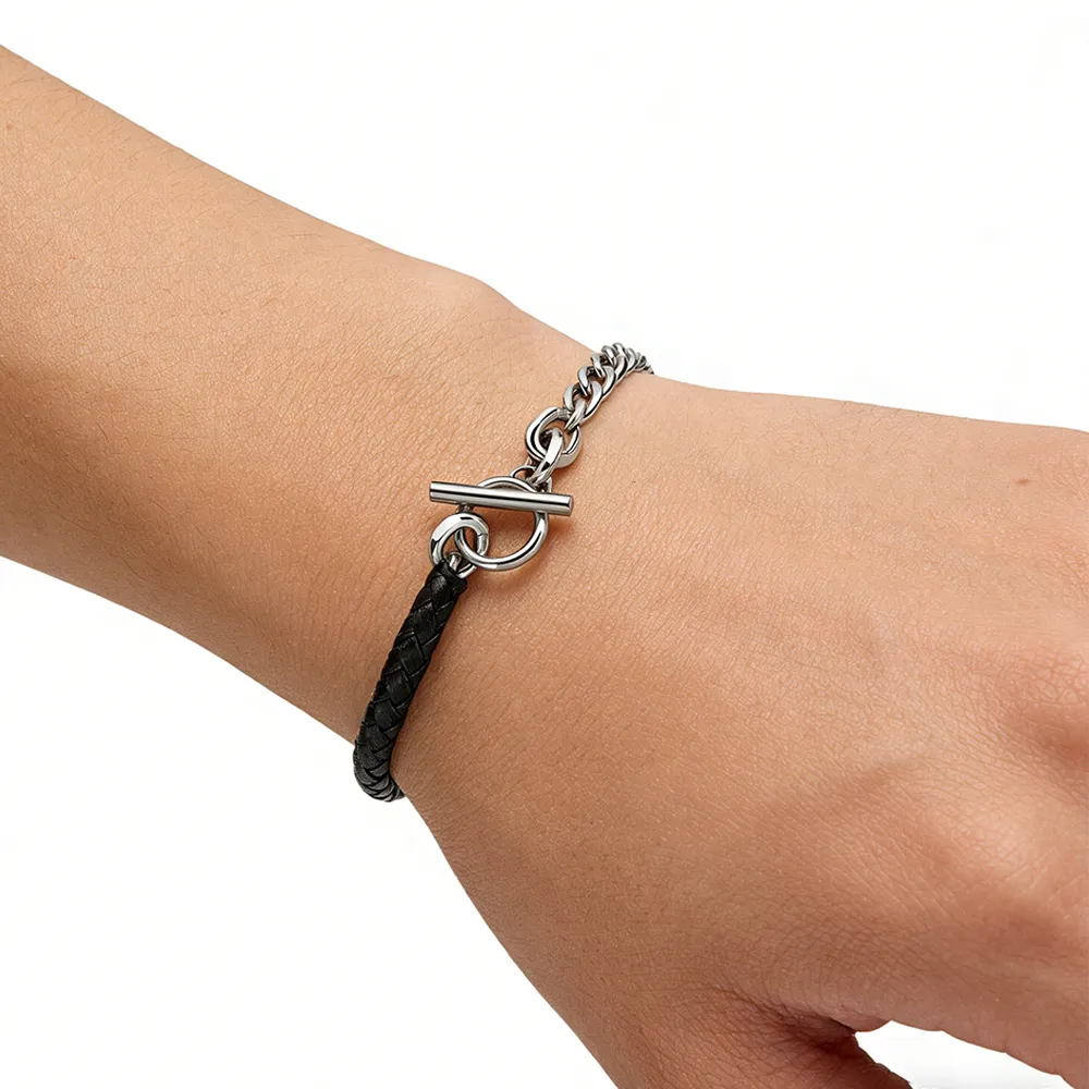 Male Model Wearing Stainless Steel OT Clasp Minimalist Chain Leather Bracelet for Wholesale Buyers