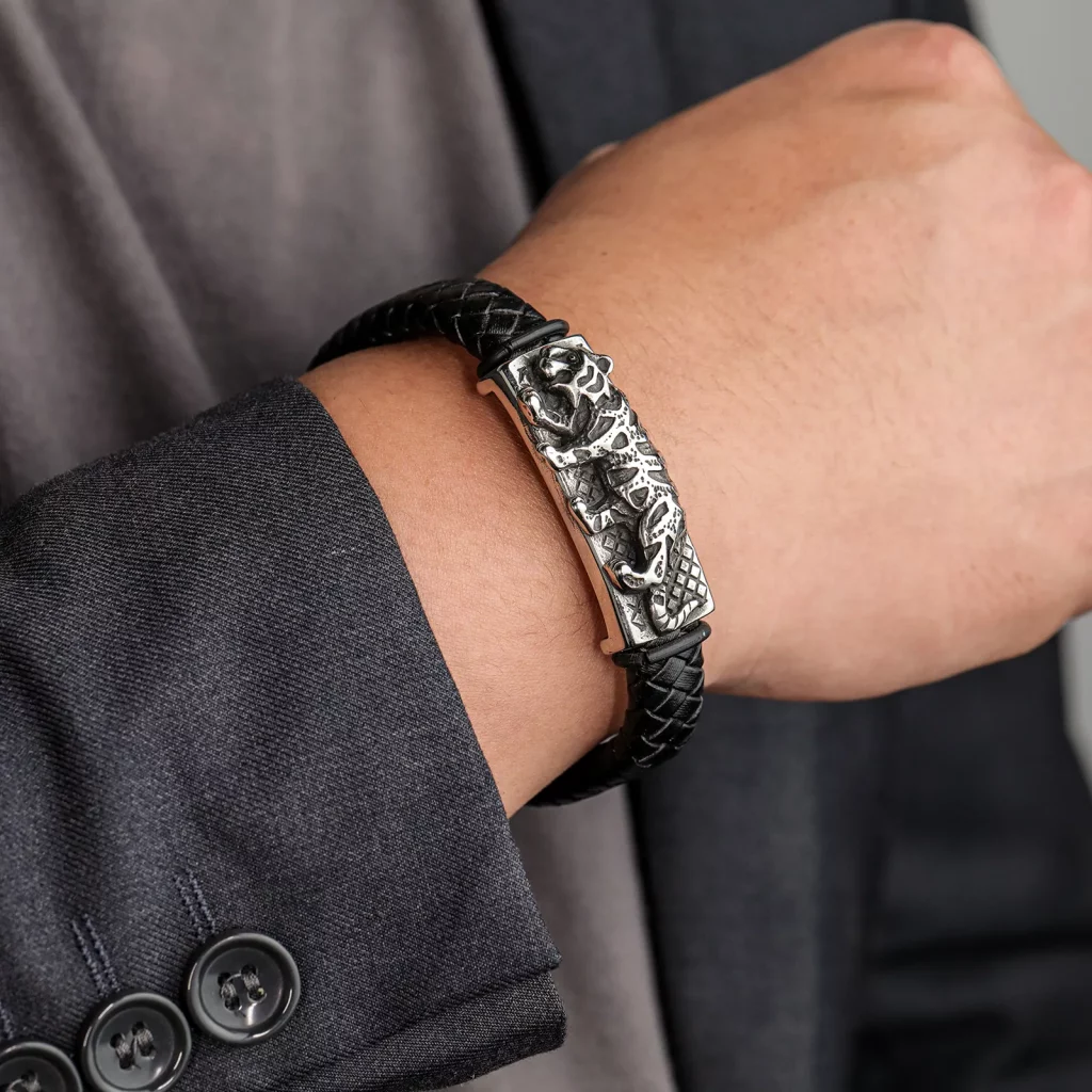 Male Model Wearing Stainless Steel Punk Street Style Friendship Leather Bracelet for Wholesale Buyers