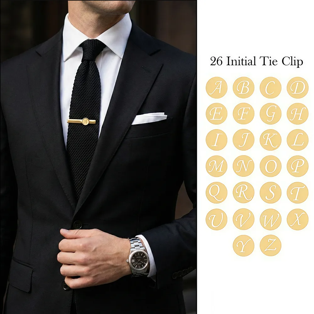 Custom A-Z initial tie bar and male model wearing letter A tie clip to showcase fit for boutique brands