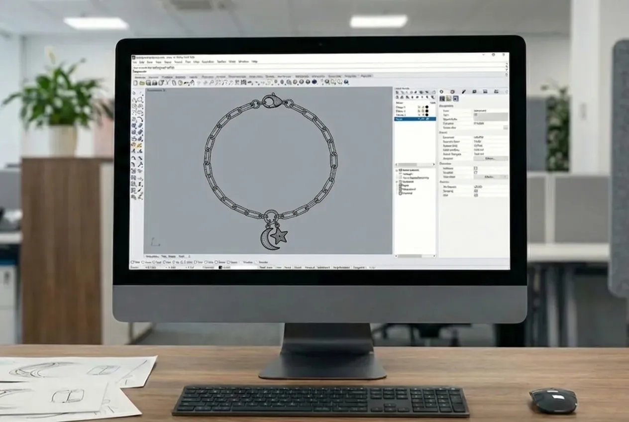 Paperclip chain necklace CAD design – all-in-one PC running jewelry software, technical drawing visible, desk with sketches, B2B custom chain necklace development.