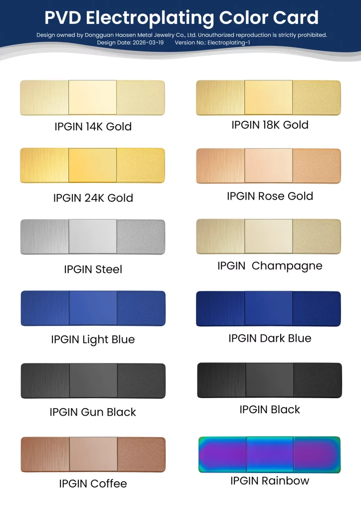 Professional PVD electroplating color card showcasing finishes including 14K, 18K, 24K gold, rose gold, steel, champagne, light and dark blue, gun black, coffee, and rainbow vacuum plating options for metal jewelry and accessories.