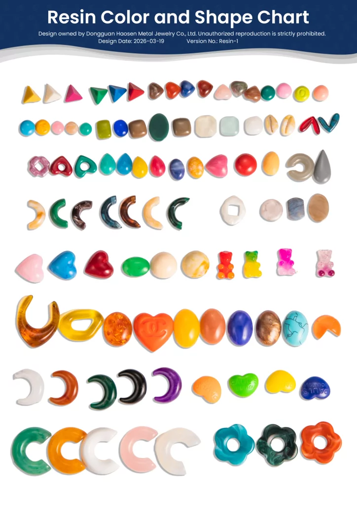 Customizable resin jewelry color and shape chart, ideal for B2B clients seeking bespoke fashion accessory components and OEM services.