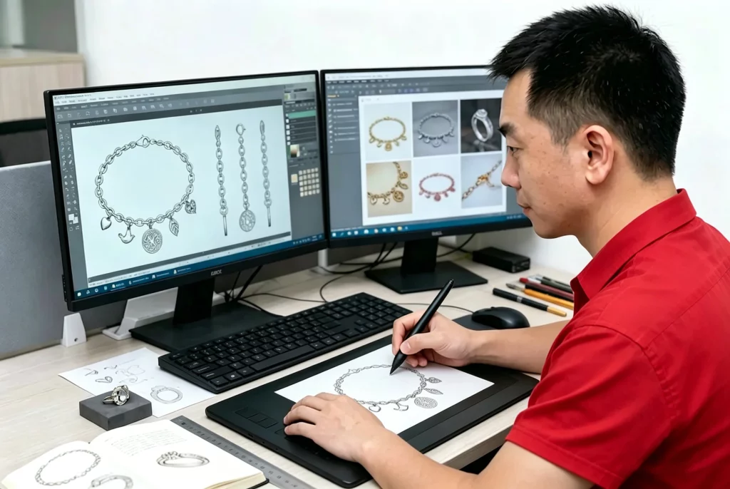 CAD design for 316L stainless steel jewelry – designer at desk with dual monitors and tablet, digital modeling process, wholesale custom jewelry development
