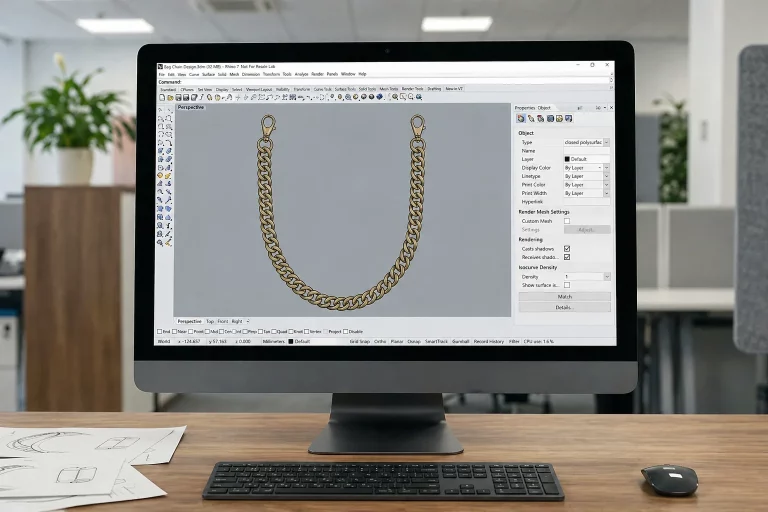 Chain CAD design – all-in-one PC running jewelry software, technical drawing visible, desk with sketches, B2B custom chain development