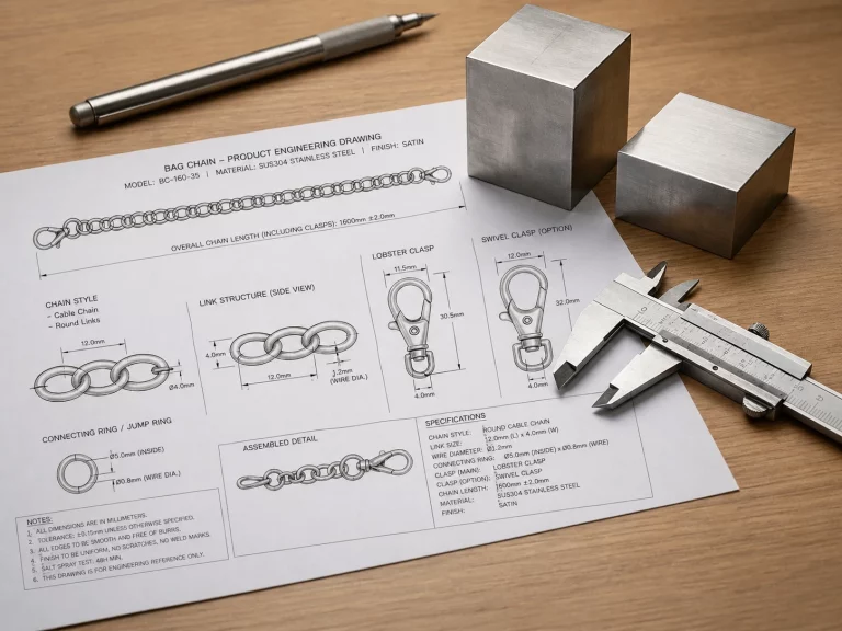 Stainless steel jewelry design sketch on wooden tabletop – technical drawings for chain necklace, with raw 316L stainless steel block, vernier caliper, and drafting pen, showcasing OEM design process.