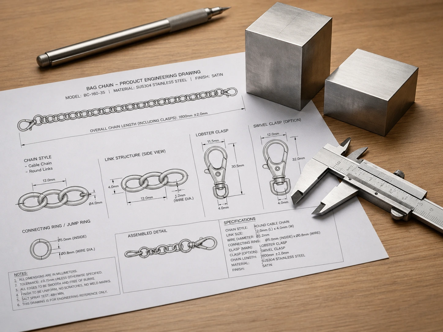 Stainless steel jewelry design sketch on wooden tabletop – technical drawings for chain necklace, with raw 316L stainless steel block, vernier caliper, and drafting pen, showcasing OEM design process.