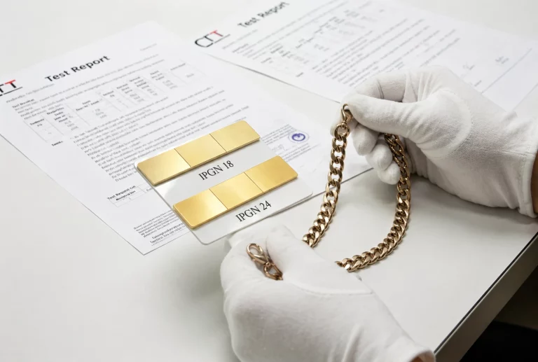 Chain material testing and PVD color verification during quality control at Haosen