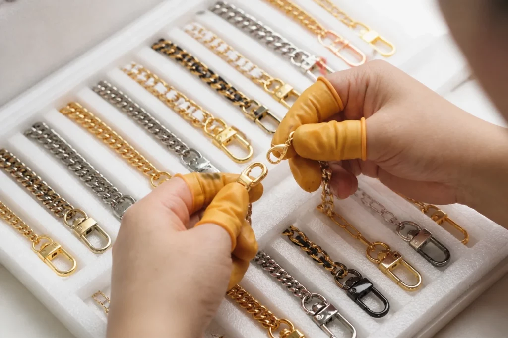 Bag Chain inspection,bulk order samples in tray, wholesale jewelry quality assurance