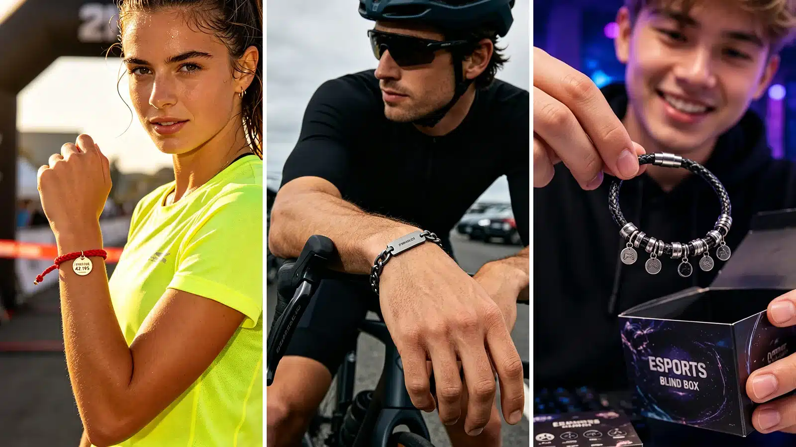 Lifestyle collage featuring a runner, cyclist, and esports gamer wearing custom sports accessories. As an experienced manufacturer, we offer diverse charm bracelet designs and custom event blind boxes for active individuals.