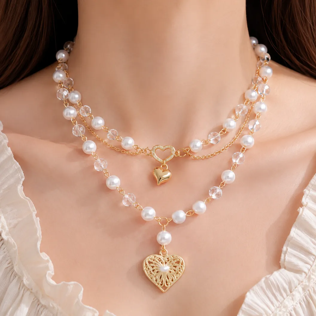 Pearl & Crystal Bead Heart Necklace. OEM/ODM custom jewelry manufacturer.