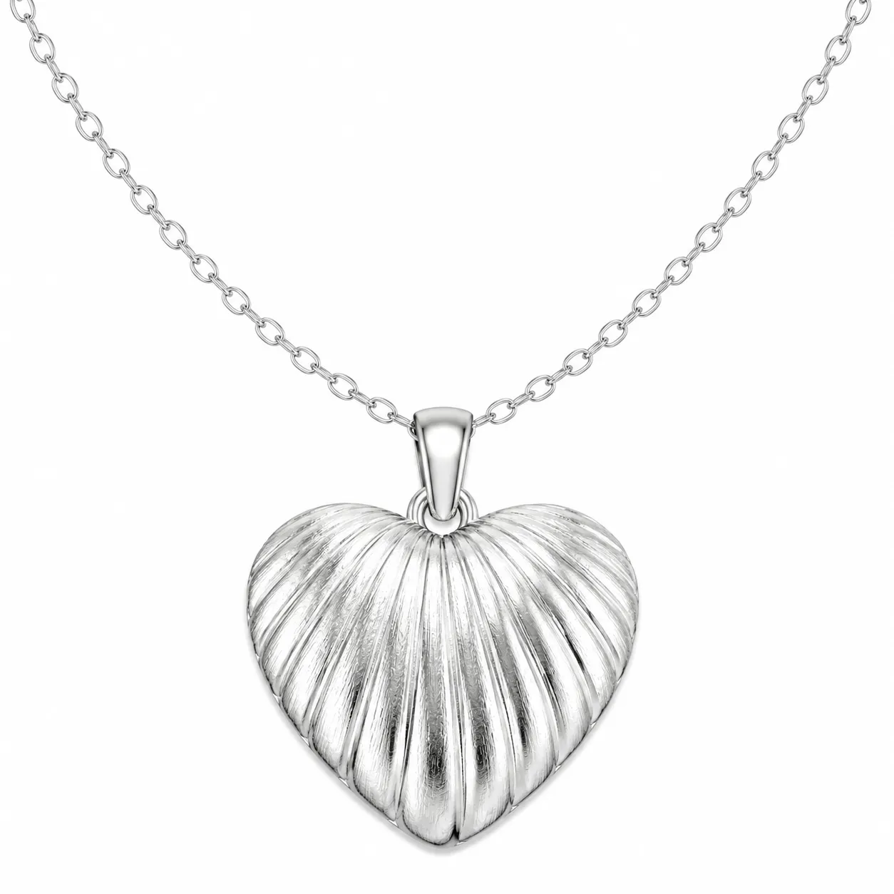 Shell heart pendant necklace with polished silver finish, featuring a ribbed shell-inspired heart design, fine rolo chain, and clean white background for custom 316L stainless steel OEM jewelry manufacturing.
