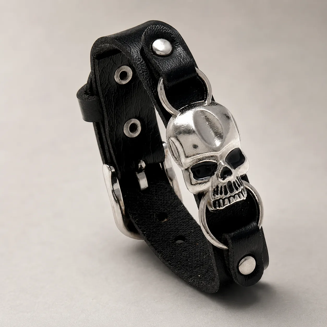 Custom black leather skull bracelet with metal buckle detail, punk style fashion jewelry, OEM leather bracelet manufacturer, custom jewelry supplier