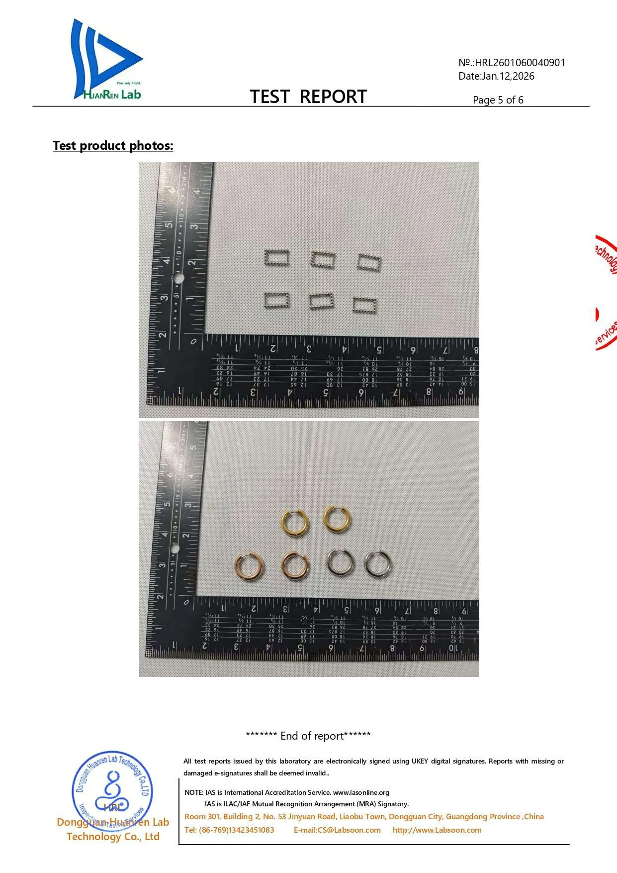 What is REACH Compliance? Laboratory product photos on page 5 showing earrings test report gold and silver hoop earrings and rectangular jewelry components measured with a metric ruler.