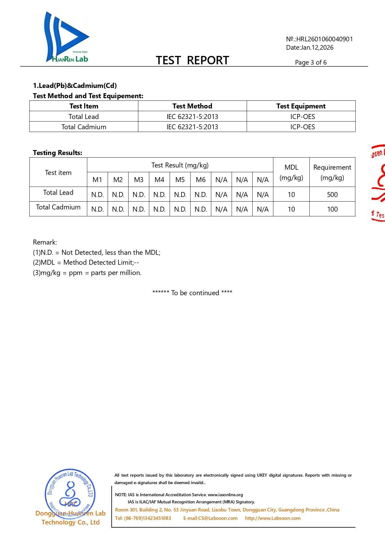 What is REACH Compliance? HuanRen Lab earrings test report, page 3, showing non-detected (N.D.) results for total lead and total cadmium in metal earring jewelry samples, demonstrating REACH compliance requirements.