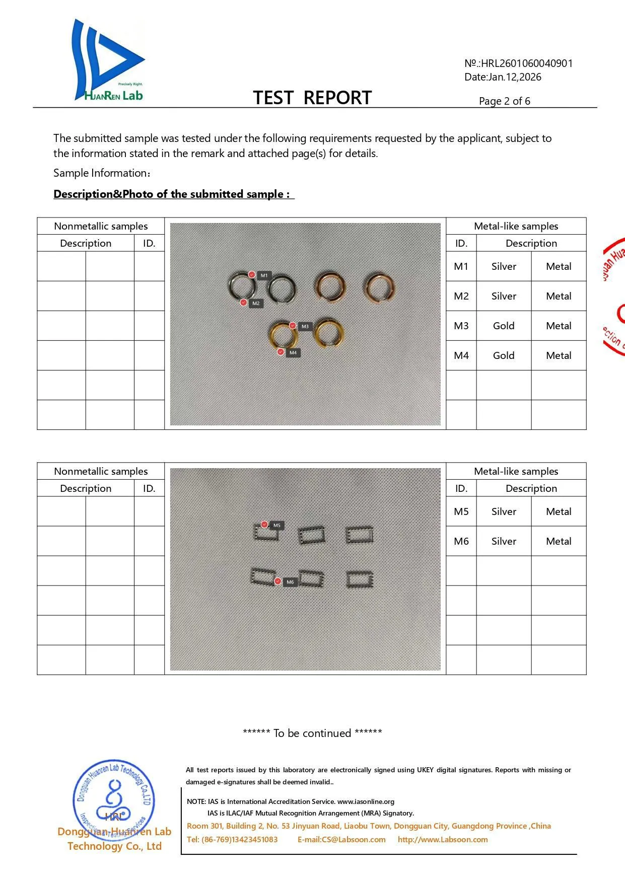 What is REACH Compliance? Earrings test report sample description and photography, page 2, from the HuanRen Lab, indexing gold and silver metal earring components from M1 to M6.