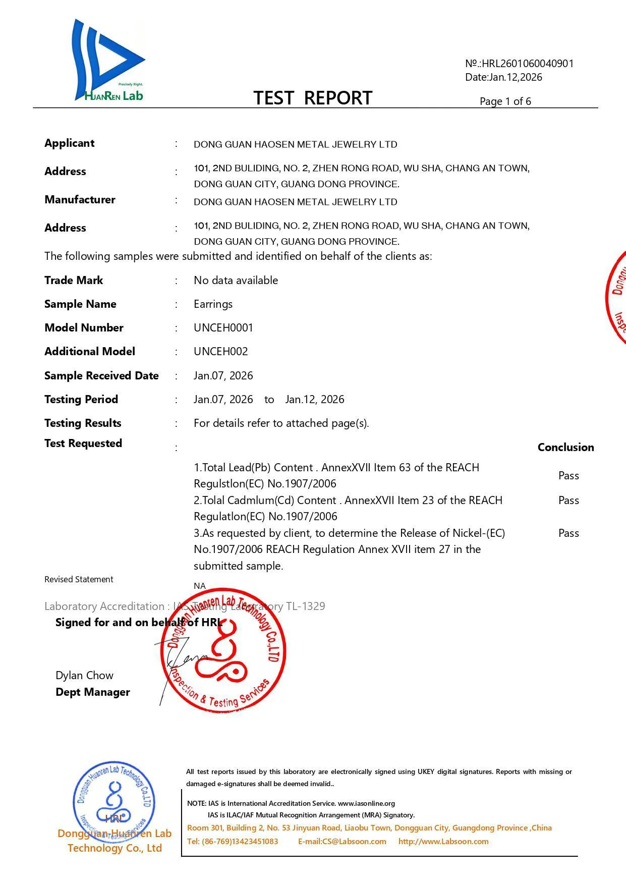 What is REACH Compliance? HuanRen Lab chemical earrings test report, page 1, for metal earrings by Dong Guan Haosen Metal Jewelry Ltd, showing a Pass conclusion for REACH compliance.