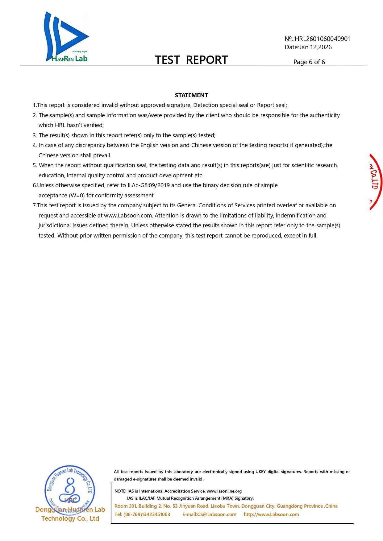 What is REACH Compliance? Official laboratory statement and terms of service on page 6 of the HuanRen Lab technology compliance earrings test report.